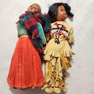 Antique Vintage Set of 2 Hard Plastic 1950s Indigenous People Dolls